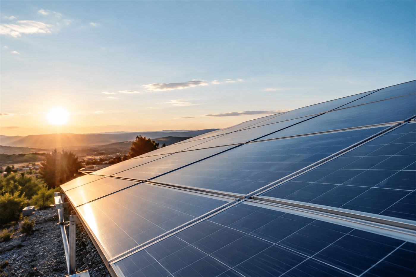 Paneles solares al atardecer sobre una colina, con el sol bajo en el horizonte